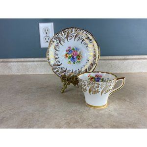 Clair Gold Floral Vines & Bouquet Of Flowers Fine Bone China Tea Cup And Saucer